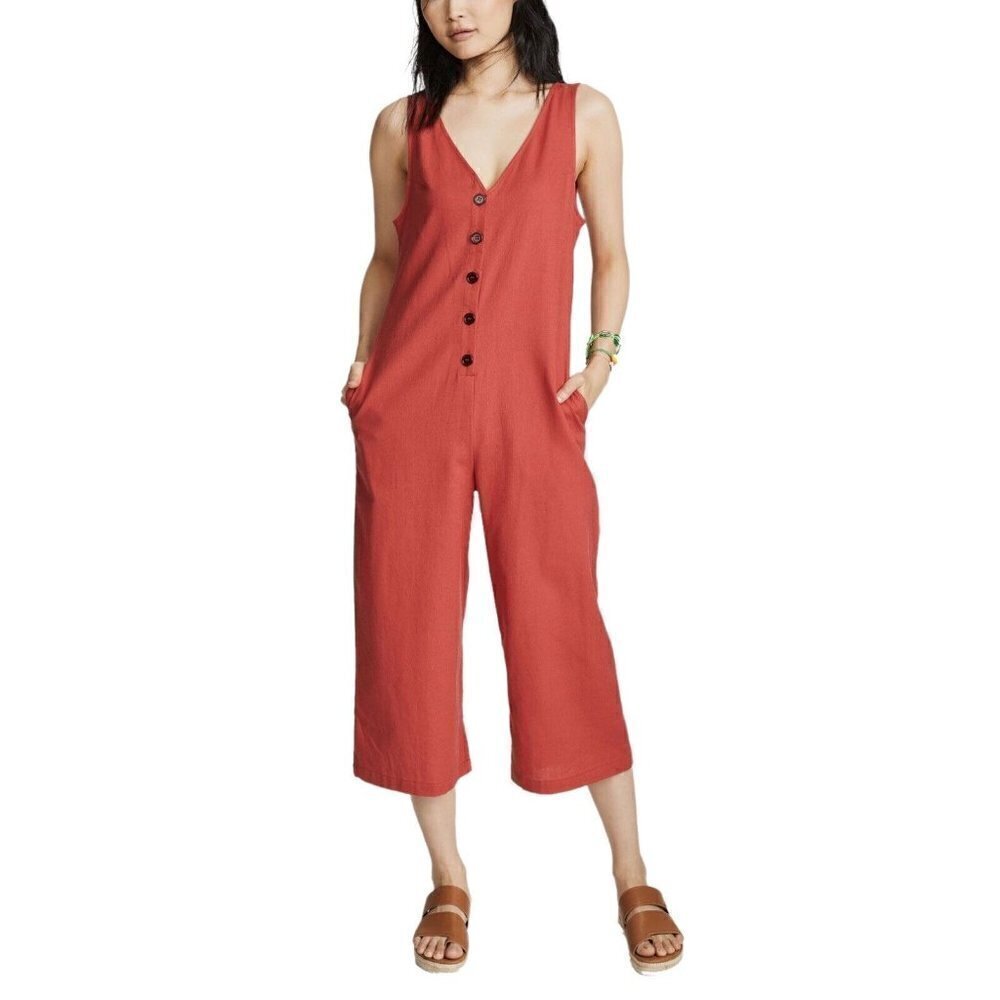 Knot Sisters Riley Jumpsuit Womens Sz S Terracotta Linen Wide Leg Minimalist - Picture 9 of 9
